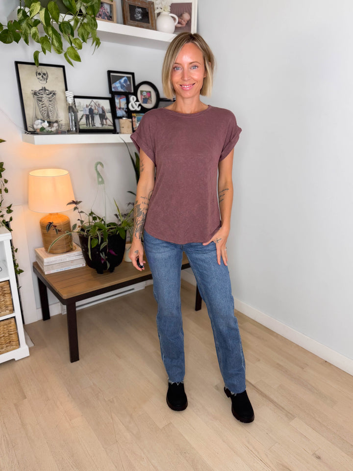 Glowelle Cuff Sleeve Round Neck Tee- HERSHEY