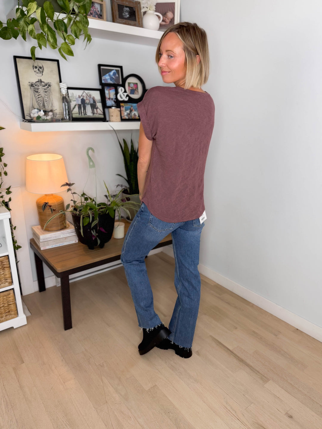 Glowelle Cuff Sleeve Round Neck Tee- HERSHEY