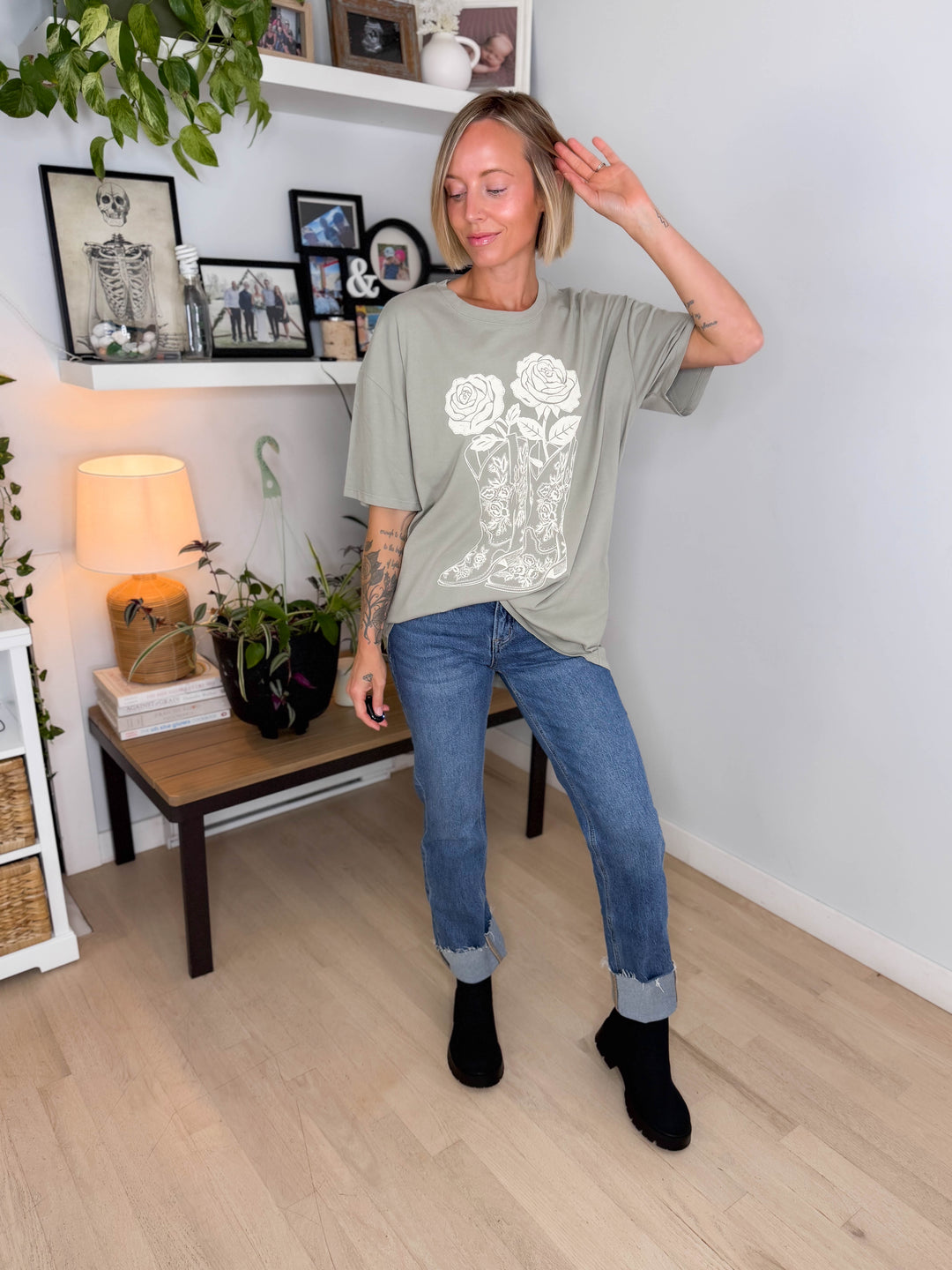 Darlina Rose And Cowboy Graphic Top- SAGE