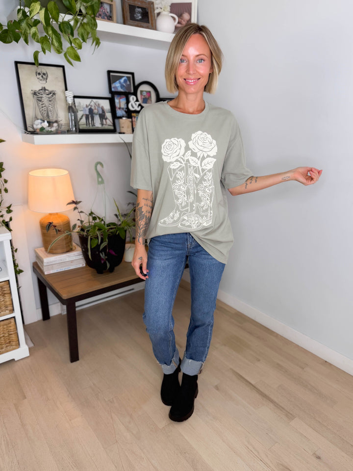Darlina Rose And Cowboy Graphic Top- SAGE