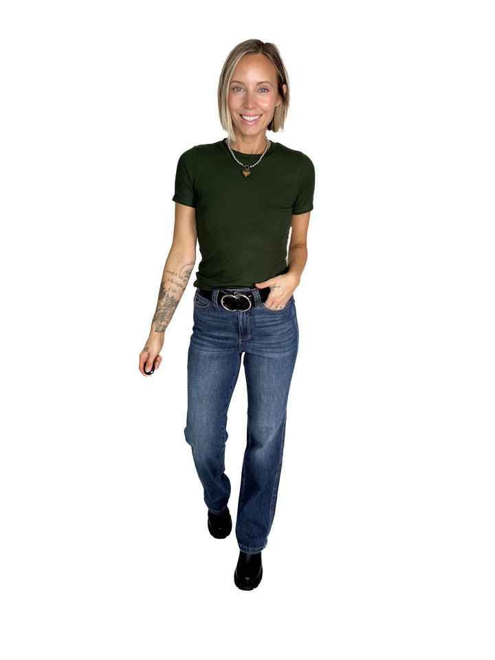 Linley Short Sleeve Micro Ribbed Athleisure Top- DEEP FOREST