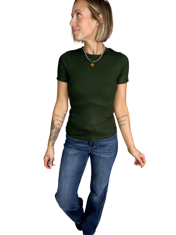 Linley Short Sleeve Micro Ribbed Athleisure Top- DEEP FOREST