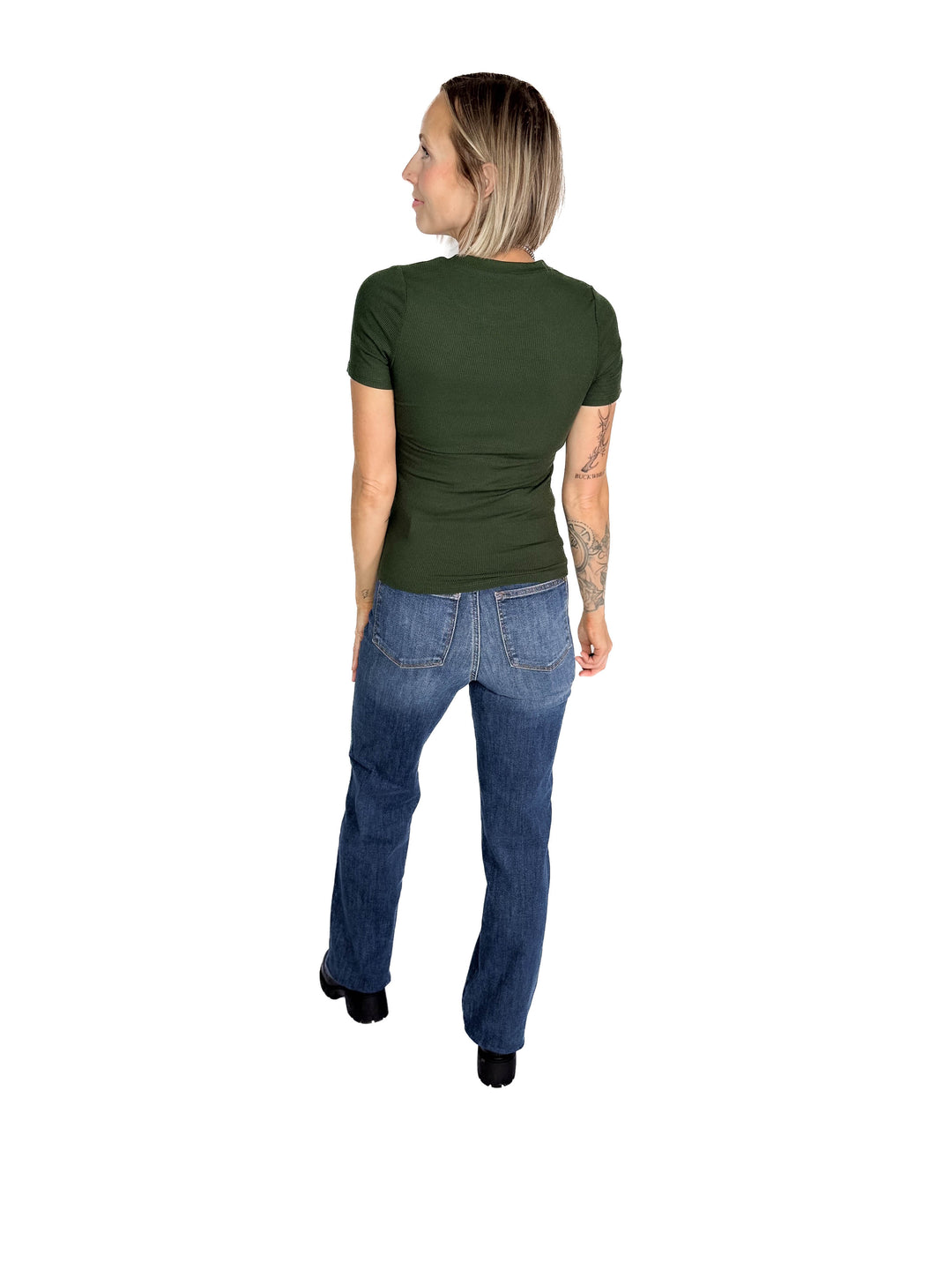 Linley Short Sleeve Micro Ribbed Athleisure Top- DEEP FOREST