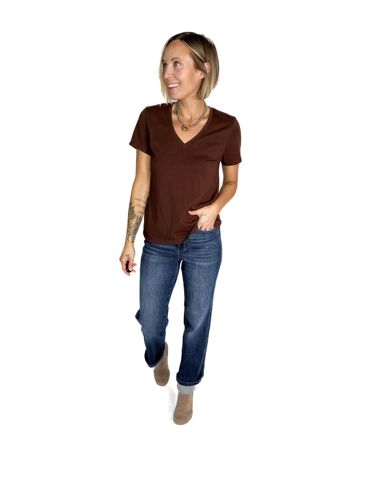 Eleni Cotton Jersey V-Neck T- Shirt- CHOCO