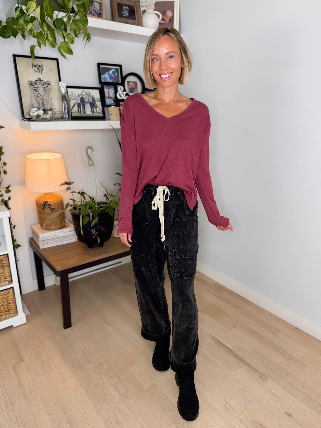 Lumiere Modal Slub V-Neck Drop Shoulder Shirt- RED BROWN
