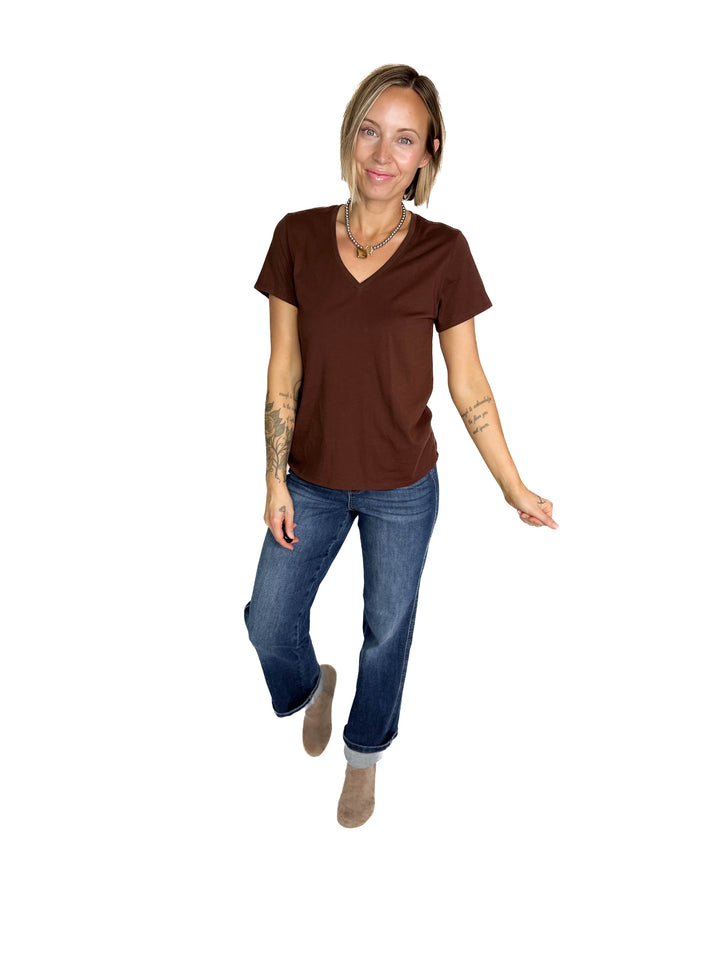 Eleni Cotton Jersey V-Neck T- Shirt- CHOCO