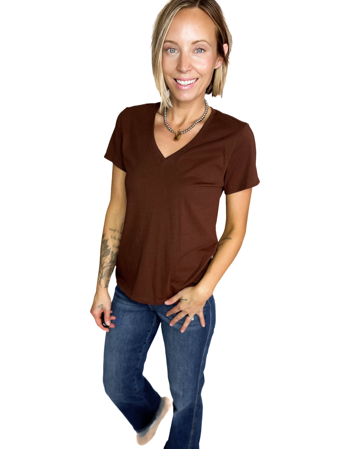 Eleni Cotton Jersey V-Neck T- Shirt- CHOCO