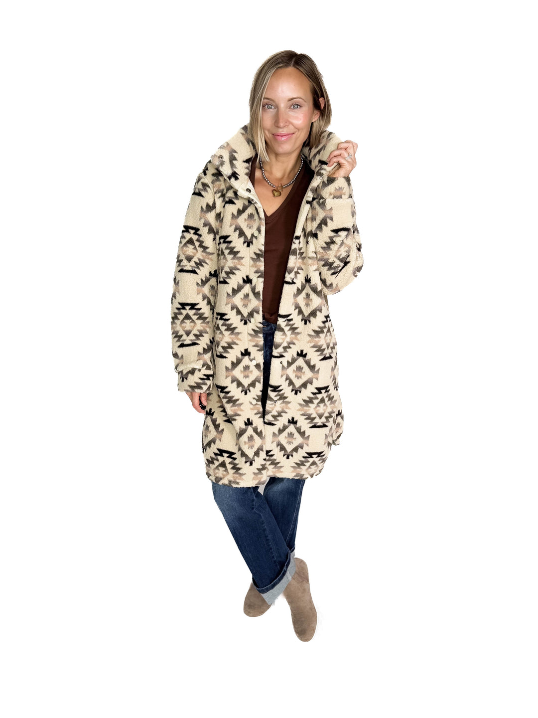Ainsley Longline Sherpa Jacket- WOOD ASH DIAMOND-FINAL SALE