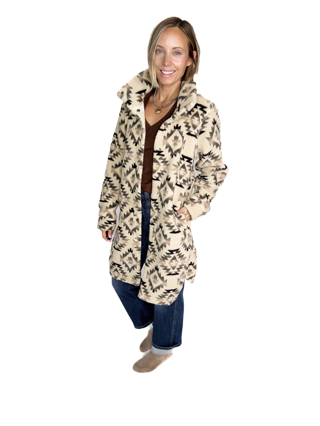 Ainsley Longline Sherpa Jacket- WOOD ASH DIAMOND-FINAL SALE