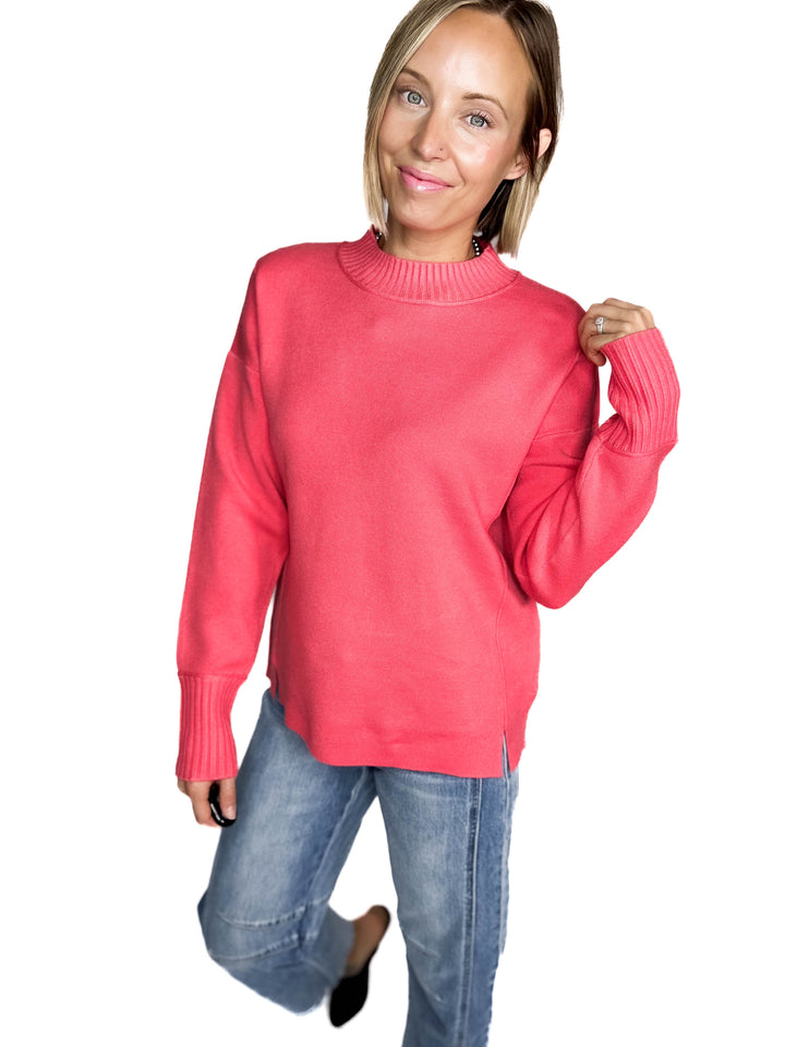 Kyra Mock Neck Long Sleeve Pullover With Side Slits- CORAL