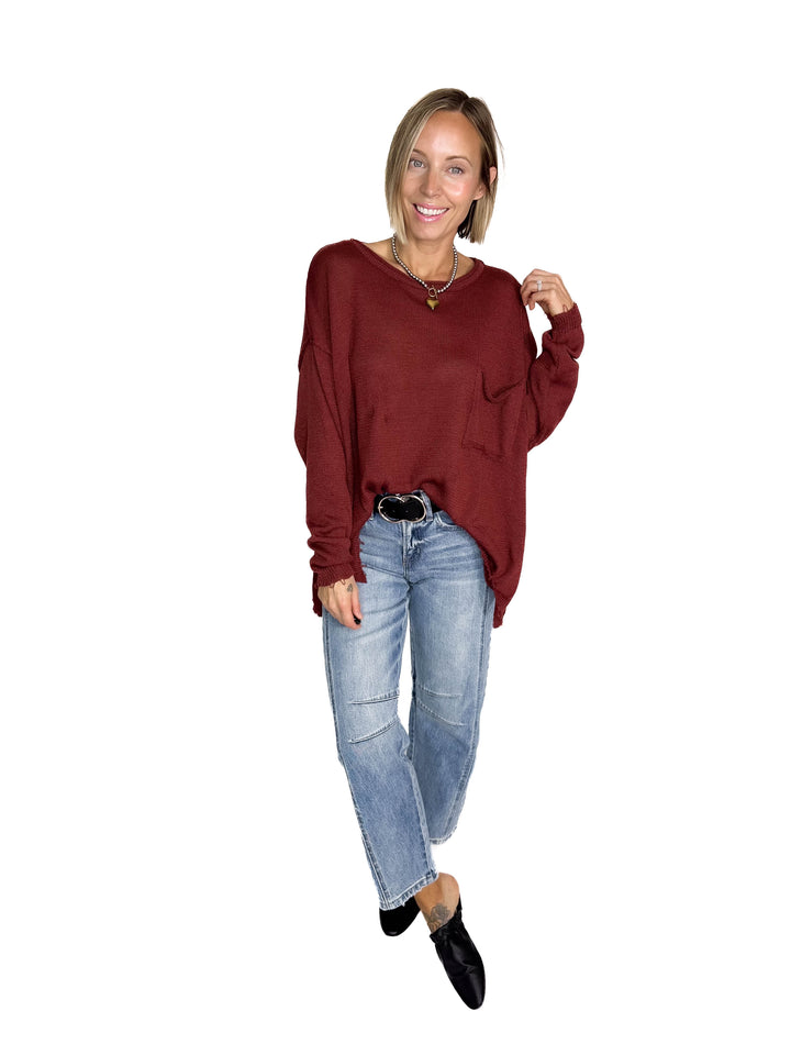 Sona Distressed Tunic SweaterSweater- MAHOGANY