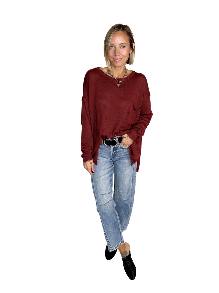 Sona Distressed Tunic SweaterSweater- MAHOGANY
