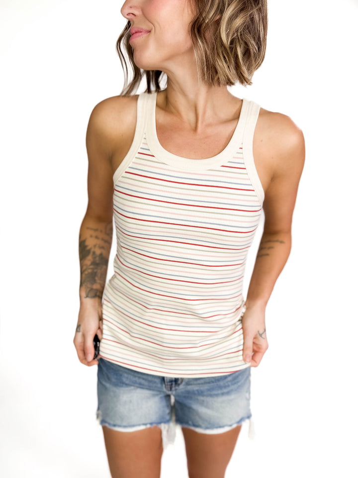 Sandra Ribbed Multi Striped Tank- RETRO  RED MULTI-FINAL SALE