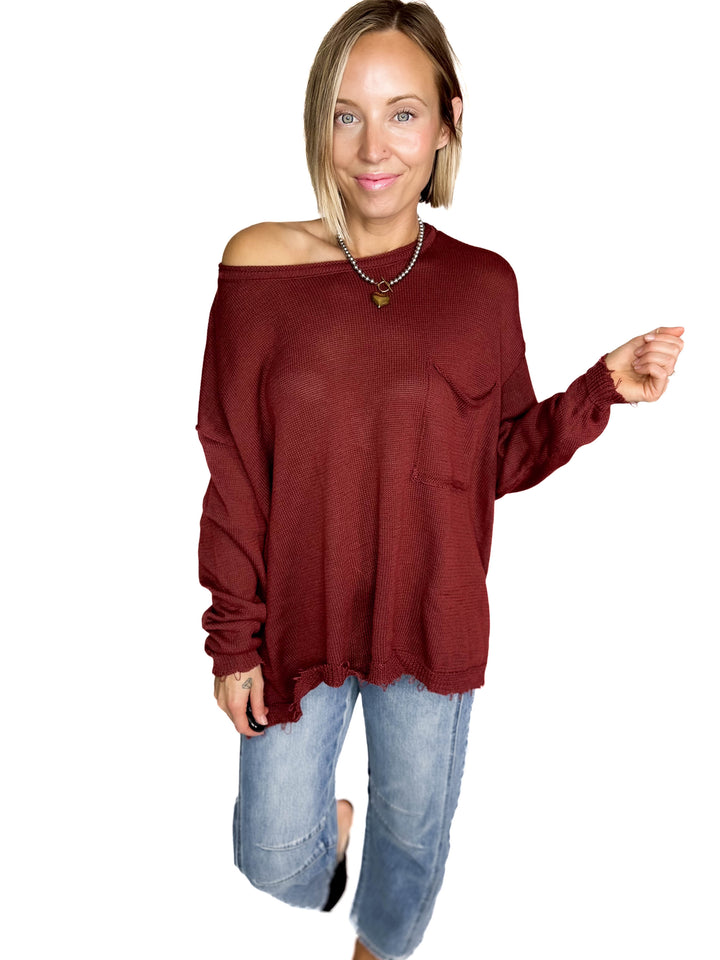 Sona Distressed Tunic SweaterSweater- MAHOGANY