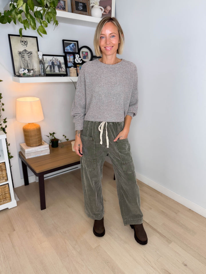 Chailyn Knit Bat Sleeve Crew Neck Sweater- HEATHER TAUPE
