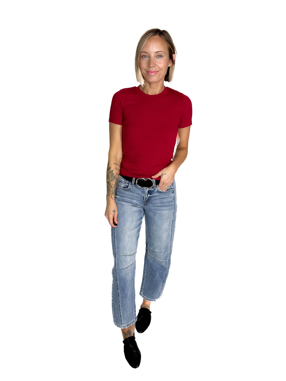 Linley Short Sleeve Micro Ribbed Athleisure Top- GARNET RED