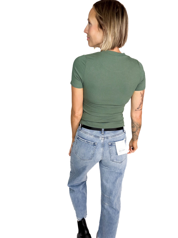 Linley Short Sleeve Micro Ribbed Athleisure Top- SILKY PINE