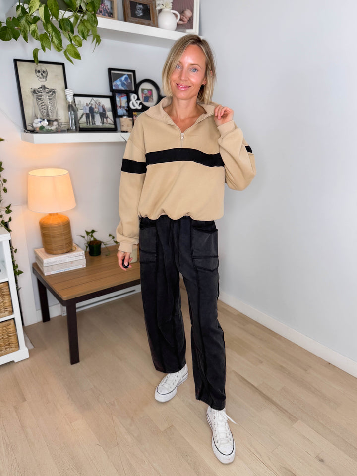 Elm Stripe Block 1/4 Zip- TAUPE/BLACK