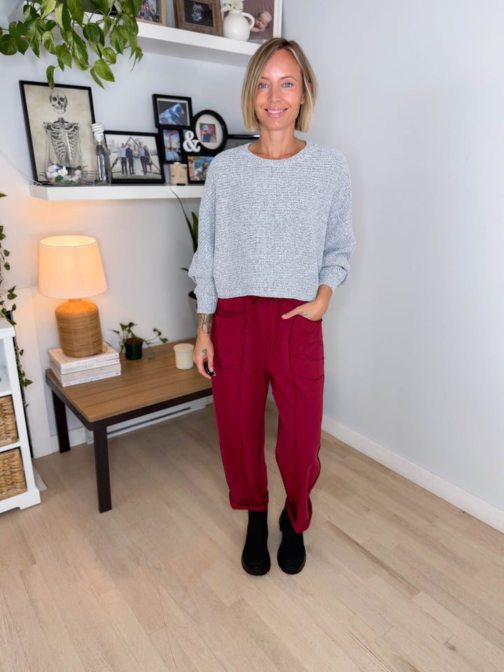 Chailyn Knit Bat Sleeve Crew Neck Sweater- HEATHER GREY