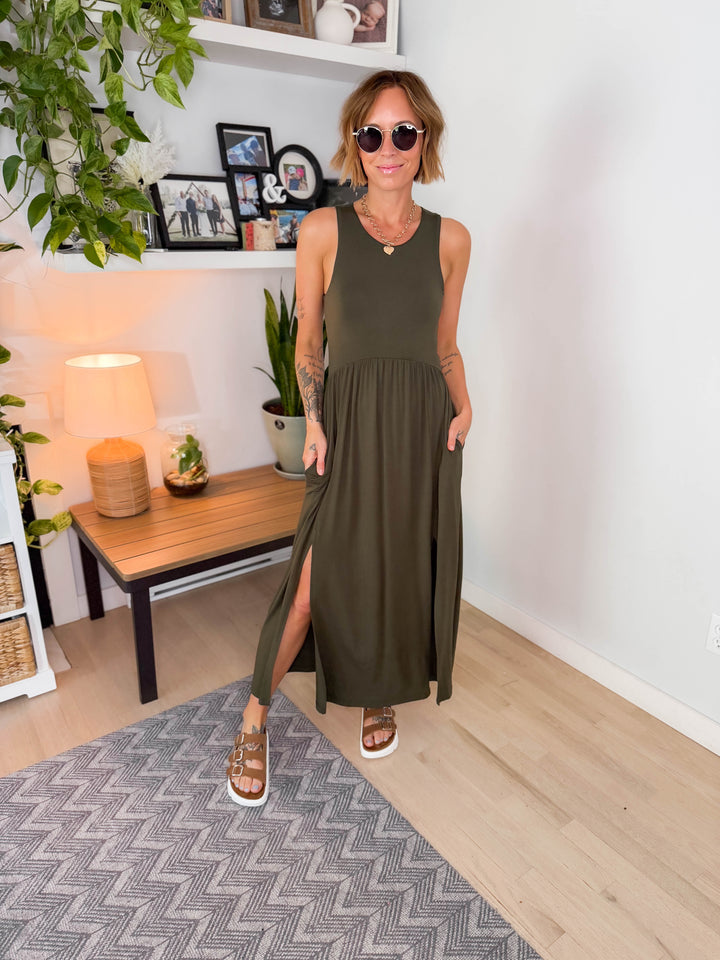 Beverly Side Slit Midi Dress- OLIVE