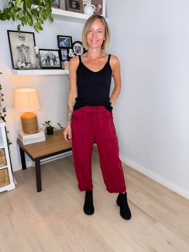 Amery Mineral Washed Barrel Pant- BURGUNDY