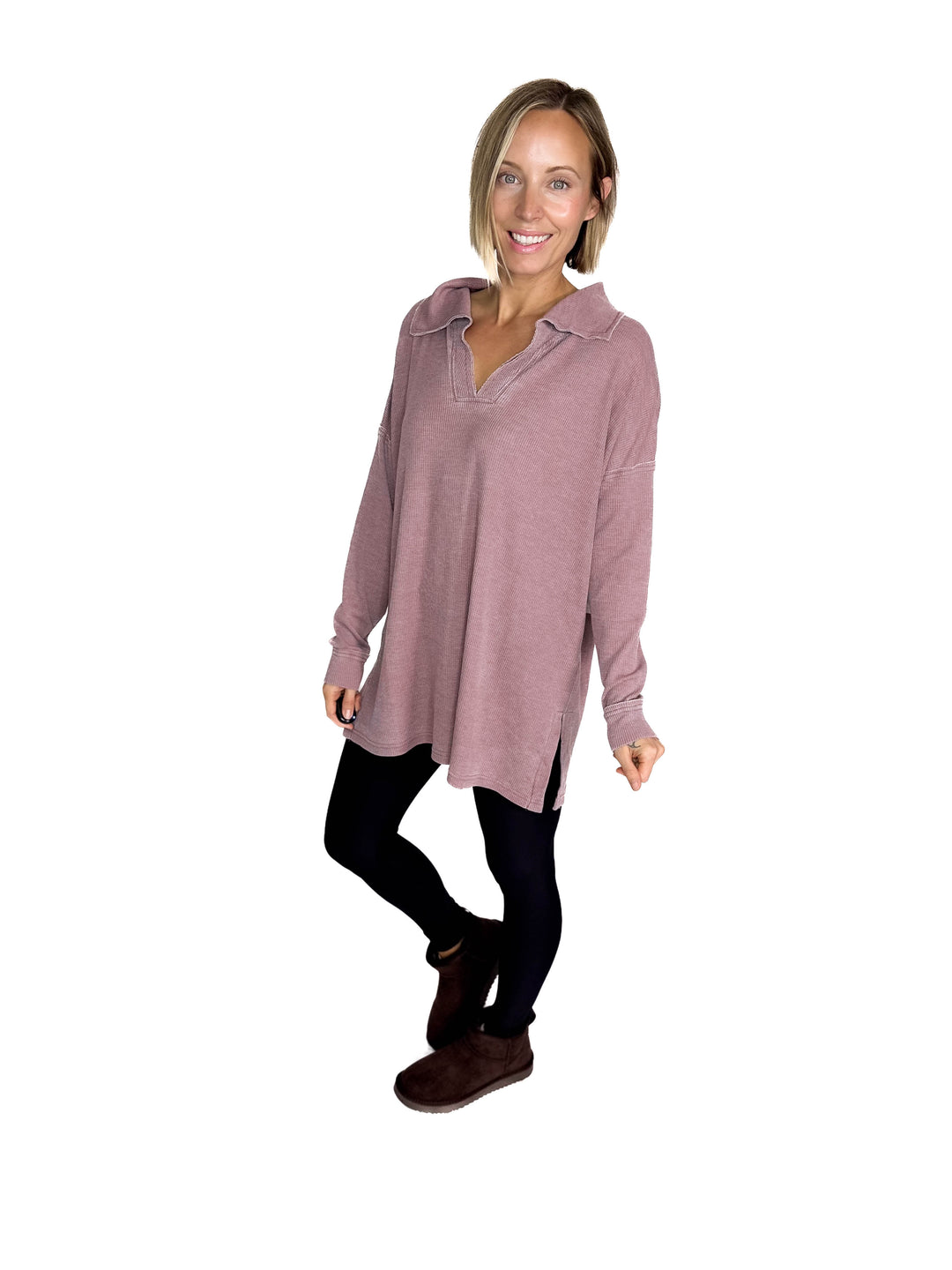 MONO B Arlen Cotton Blend Waffle Knit Oversized Long Sleeve- ROSE TAUPE-FINAL SALE