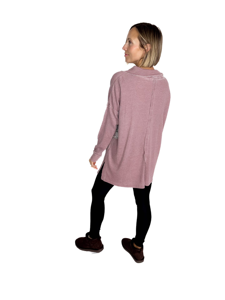 MONO B Arlen Cotton Blend Waffle Knit Oversized Long Sleeve- ROSE TAUPE-FINAL SALE