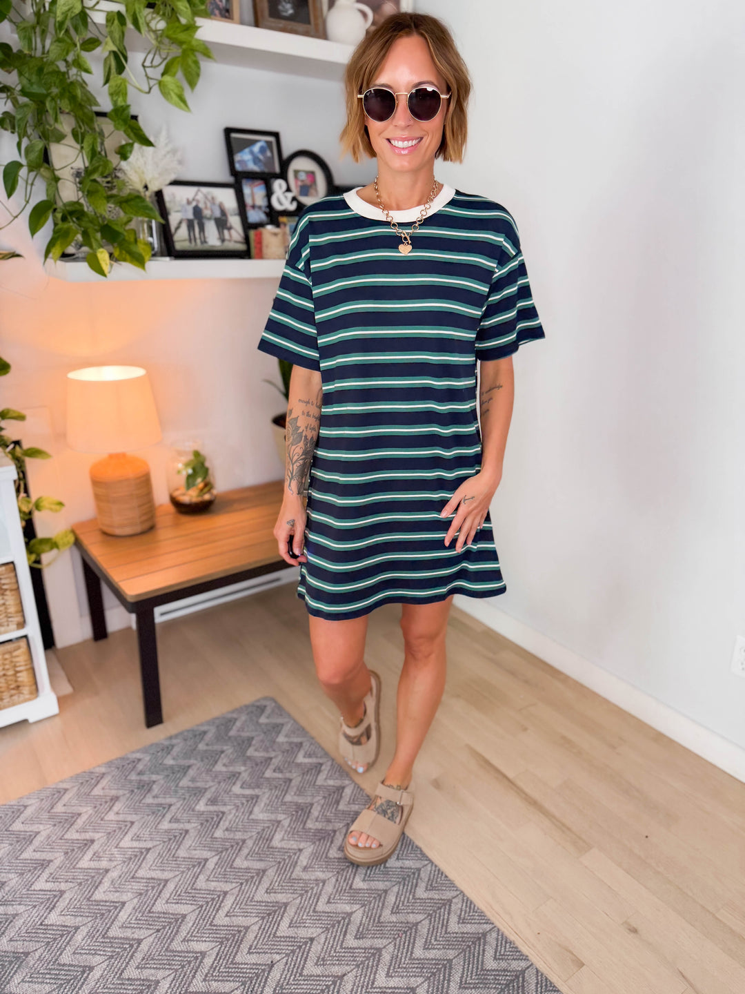Drift Stripe Short Sleeve T-Shirt Dress- NAVY MULTI