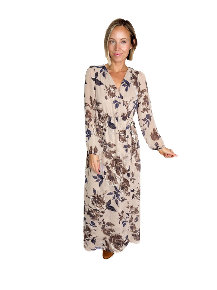 Meadow Long Sleeve Floral Maxi Dress- TAUPE/MOCHA
