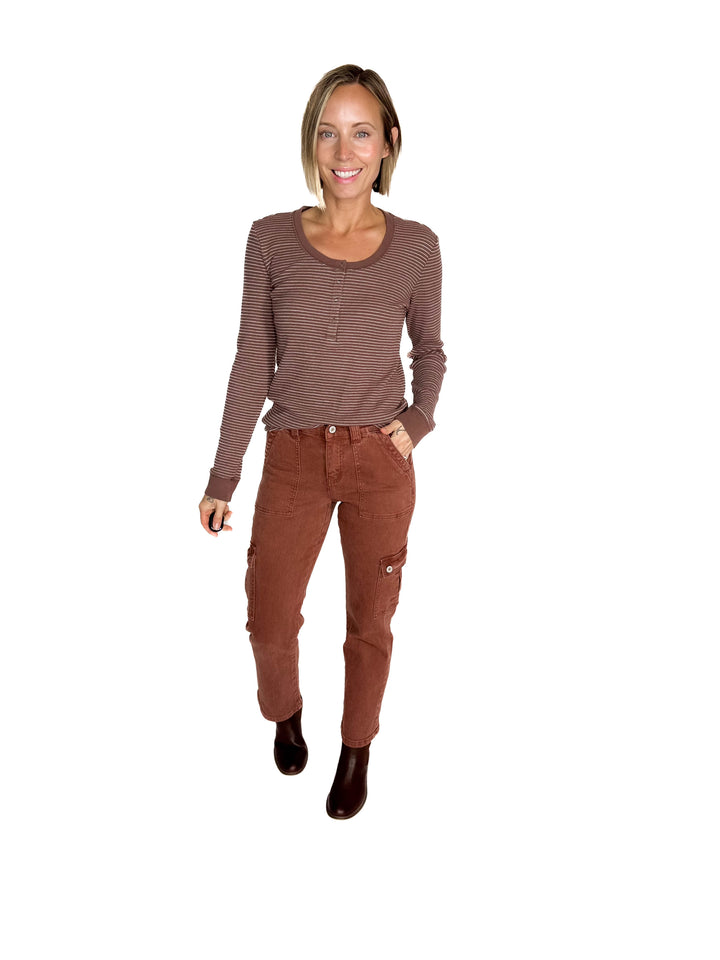 Maya Thermal Henley Top- BROWN