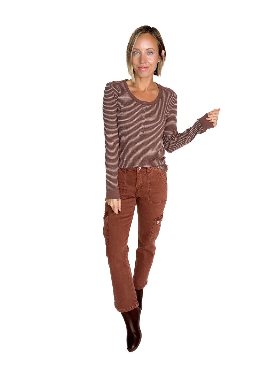 Maya Thermal Henley Top- BROWN
