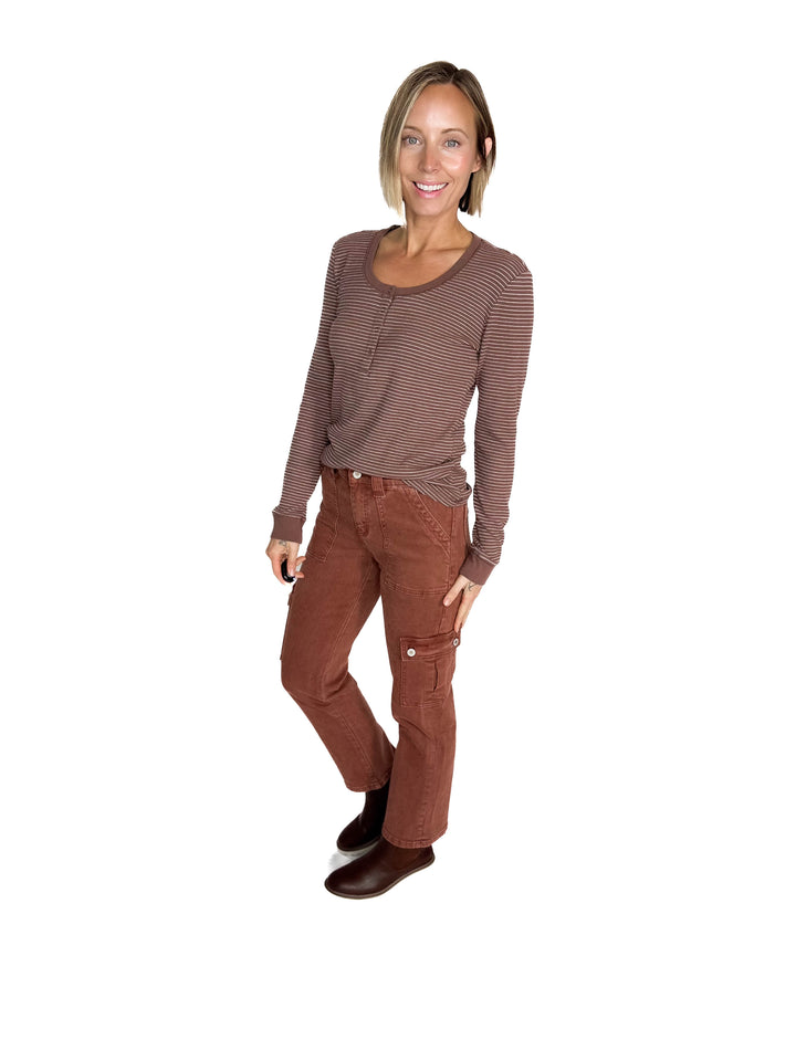 Maya Thermal Henley Top- BROWN