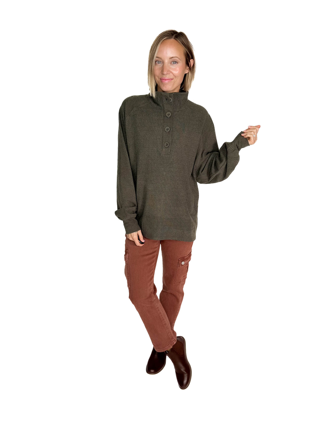 Rove Rib Brush Mock Neck Pullover- REGENCY OLIVE