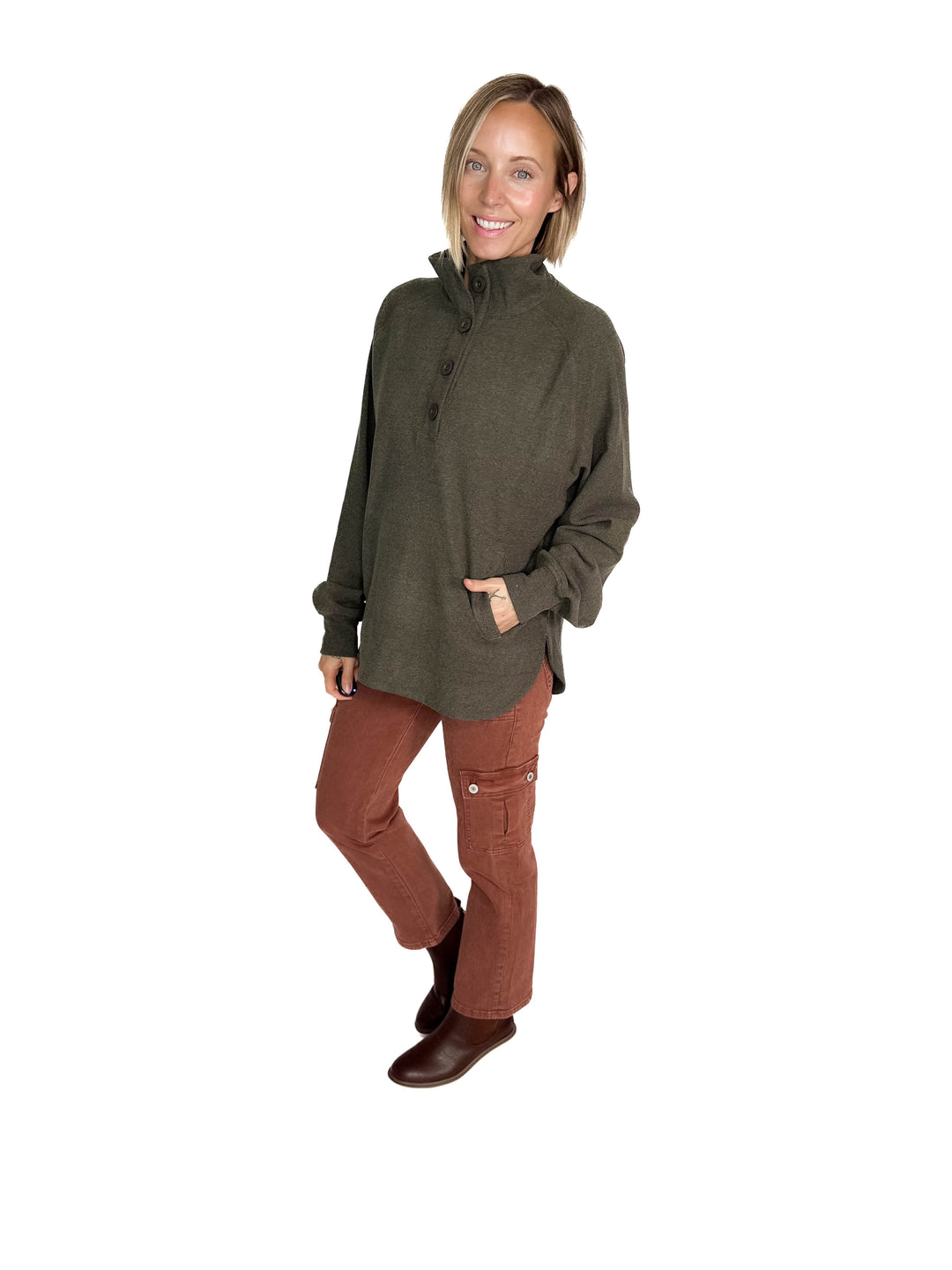 Rove Rib Brush Mock Neck Pullover- REGENCY OLIVE