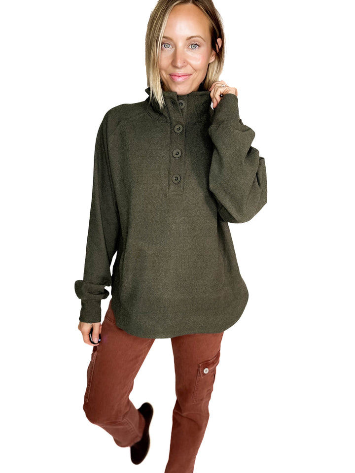 Rove Rib Brush Mock Neck Pullover- REGENCY OLIVE