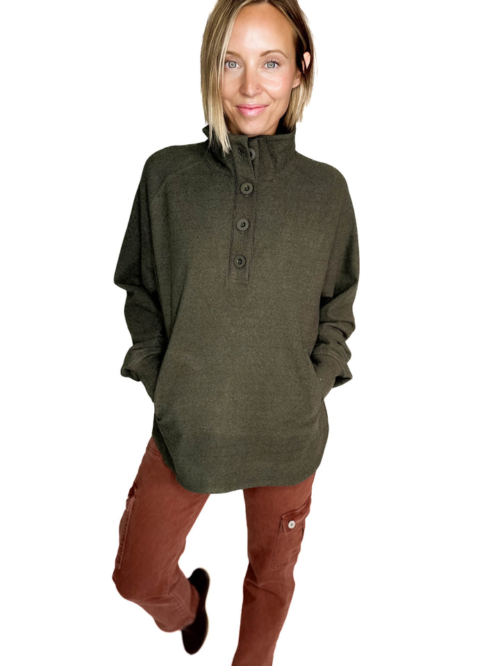 Rove Rib Brush Mock Neck Pullover- REGENCY OLIVE