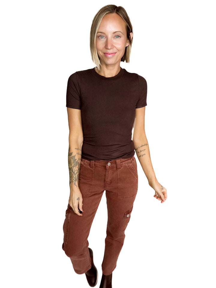 Linley Short Sleeve Micro Ribbed Athleisure Top- ESPRESSO