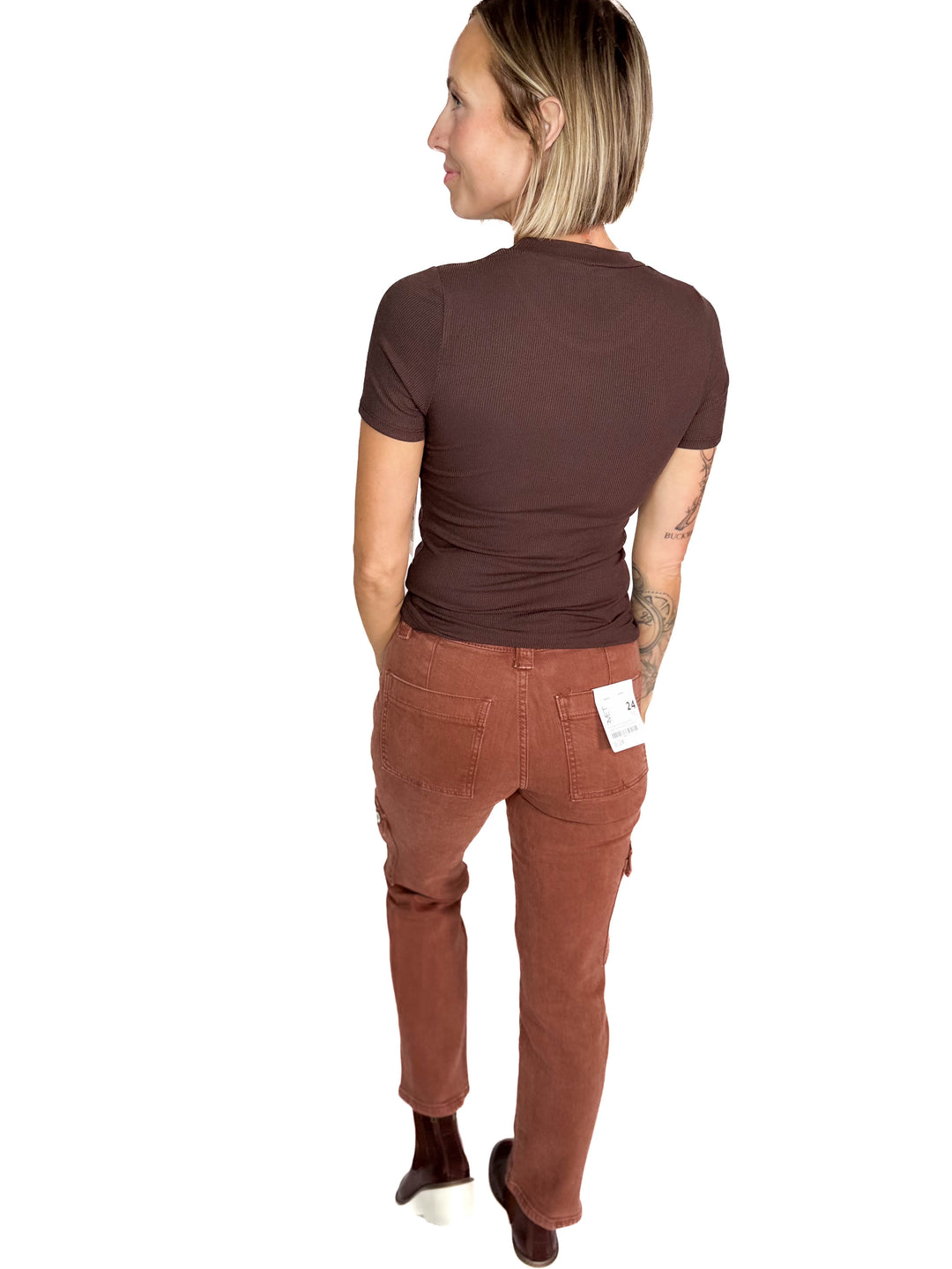 Linley Short Sleeve Micro Ribbed Athleisure Top- ESPRESSO