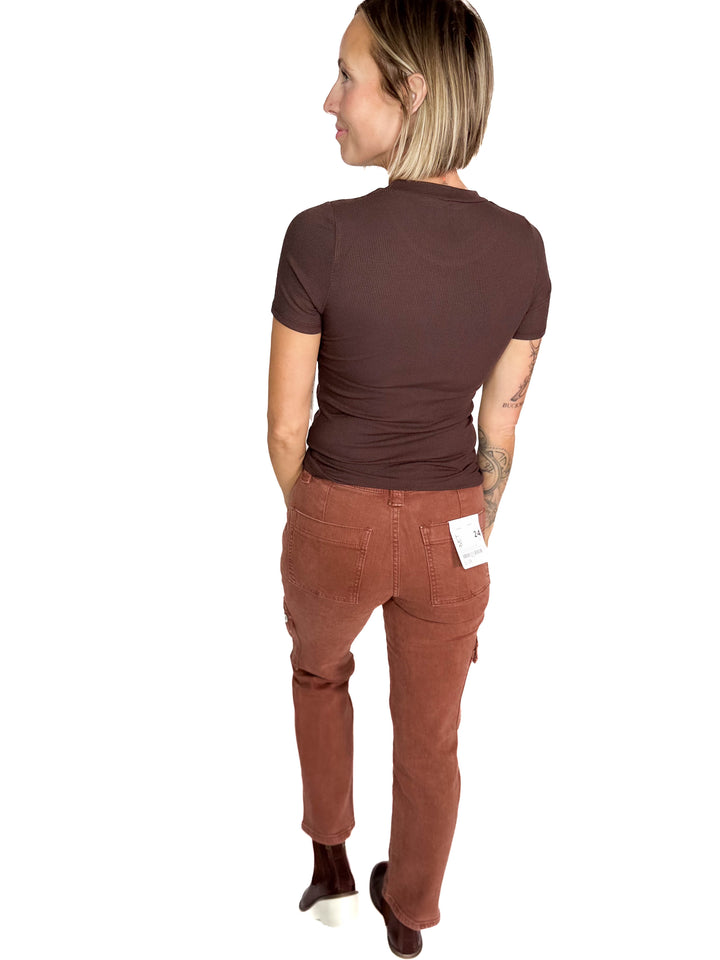 Linley Short Sleeve Micro Ribbed Athleisure Top- ESPRESSO