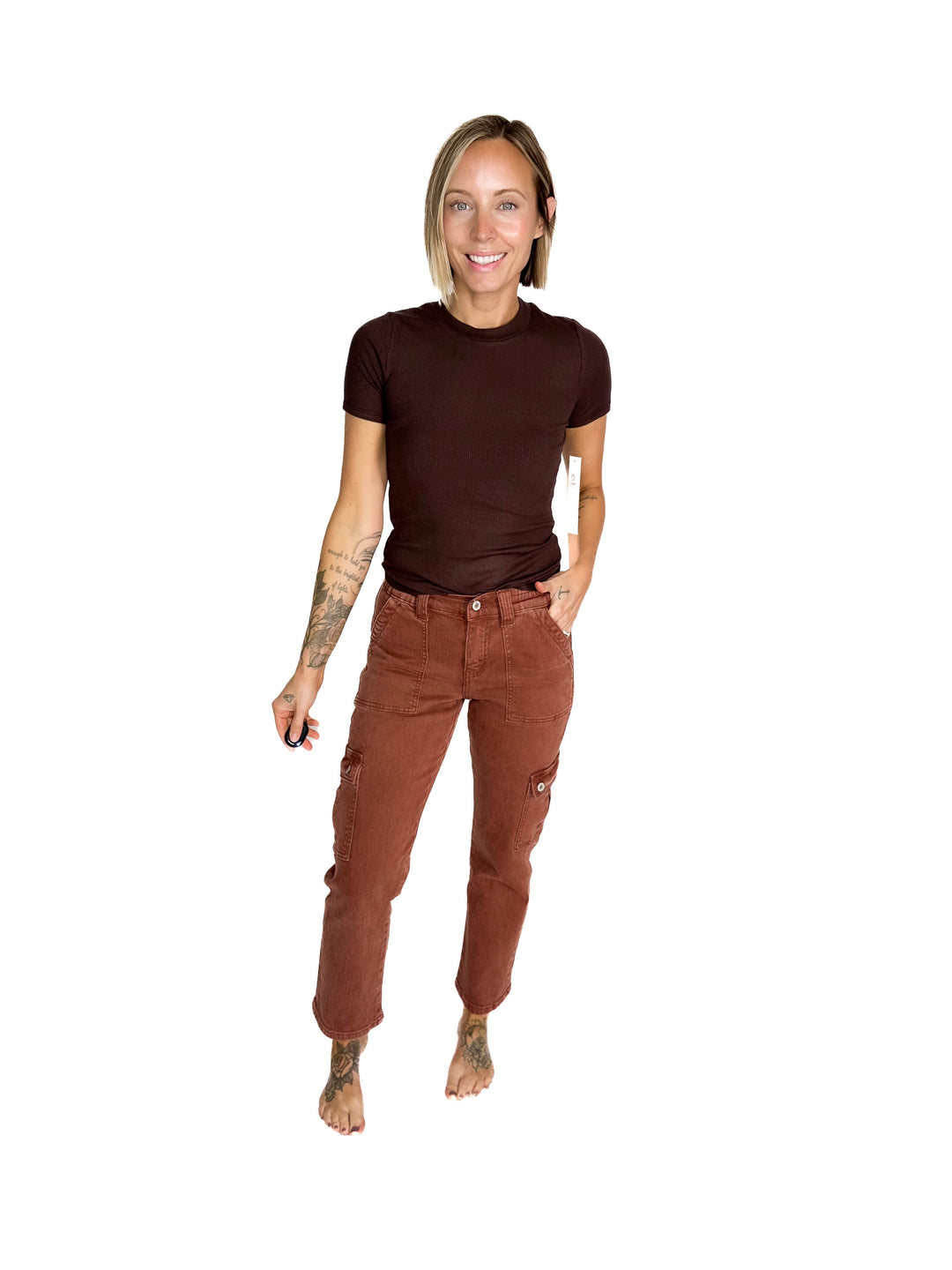 VERVET Clay High Rise Straight Leg Cargo Jean- RED BRICK