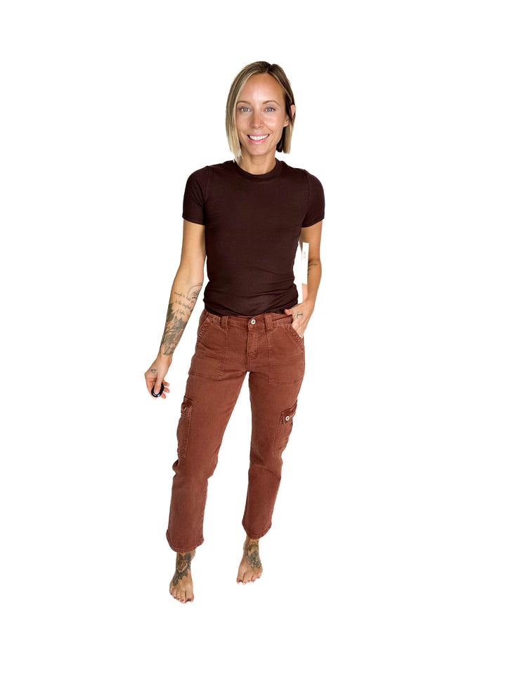 VERVET Clay High Rise Straight Leg Cargo Jean- RED BRICK