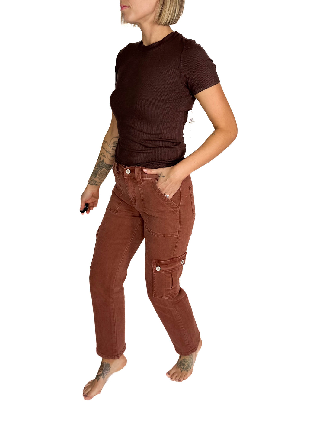 VERVET Clay High Rise Straight Leg Cargo Jean- RED BRICK