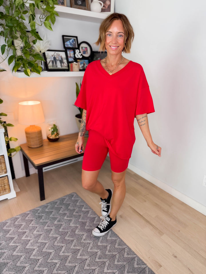 Champlain V-neck Cotton Short Set- RUBY