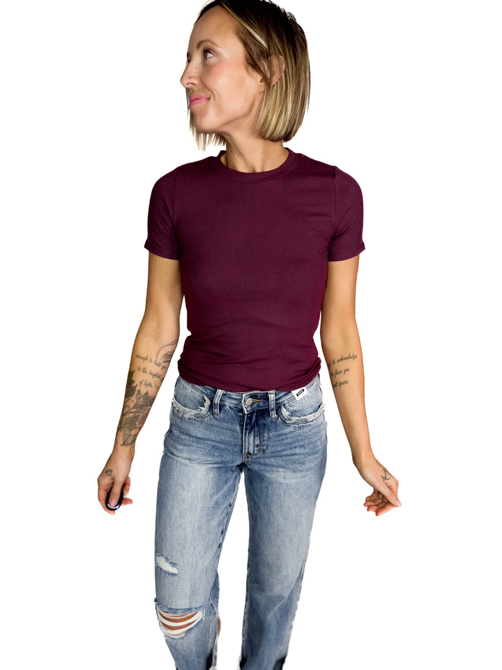 Linley Short Sleeve Micro Ribbed Athleisure Top- DARK PLUM