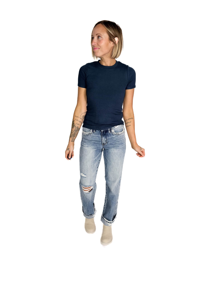 Linley Short Sleeve Micro Ribbed Athleisure Top- MIDNIGHT NAVY