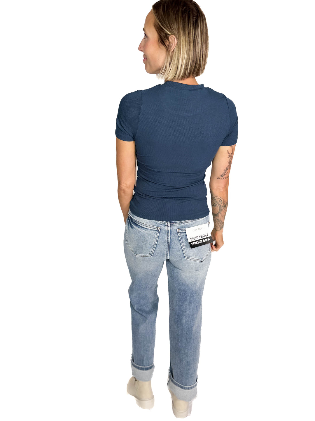 Linley Short Sleeve Micro Ribbed Athleisure Top- MIDNIGHT NAVY