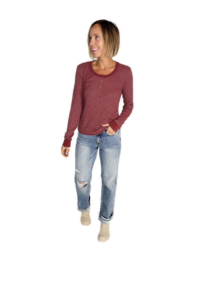 Maya Thermal Henley Top- BURGUNDY