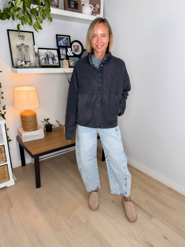 Janelle Snap Button Fleece Jacket- DARK GREY