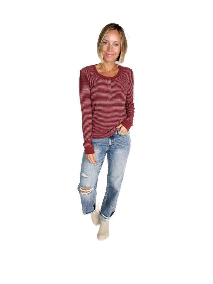 Maya Thermal Henley Top- BURGUNDY