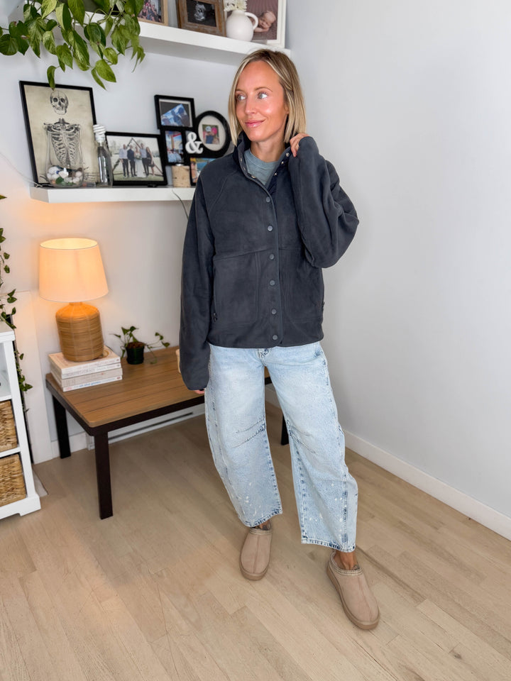 Janelle Snap Button Fleece Jacket- DARK GREY